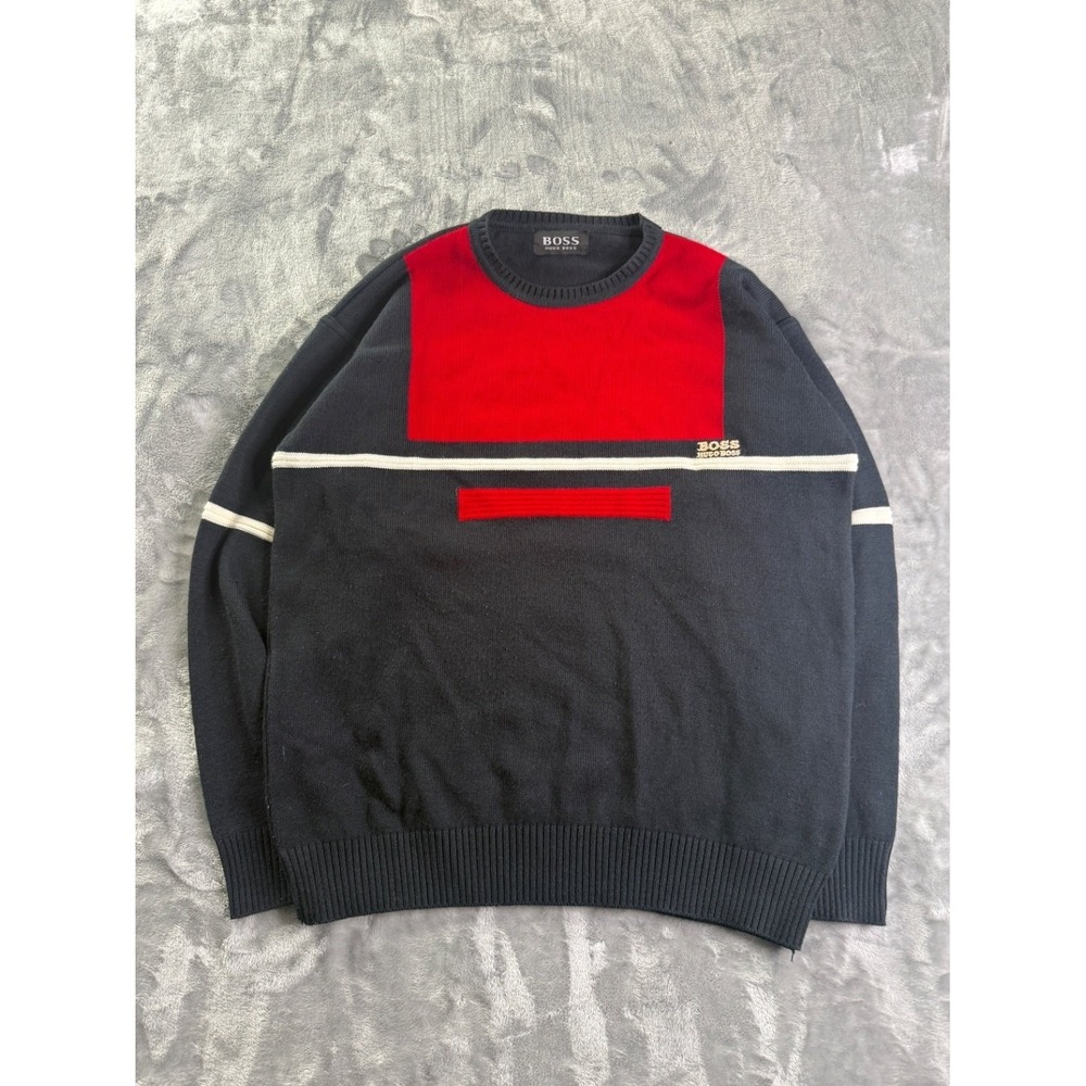 Hugo Boss Men's Colorblock Crewneck Sweater Navy Blue Red White Size L